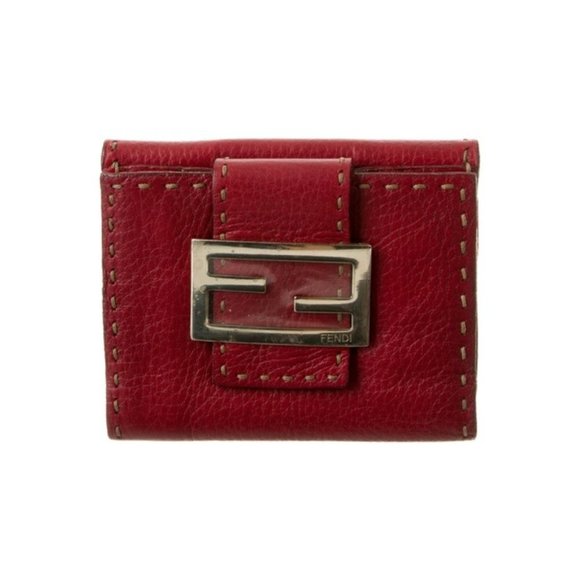 *FENDI Red Selleria Leather Logo Tonal Stitching - Picture 1 of 5
